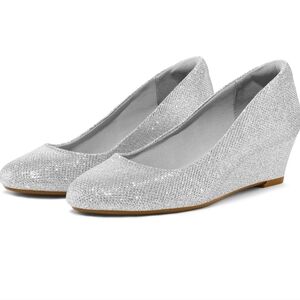 Mysoft Women's Wedge Pumps Closed Toe Low Heel Dress Shoes Silver Size 6.5